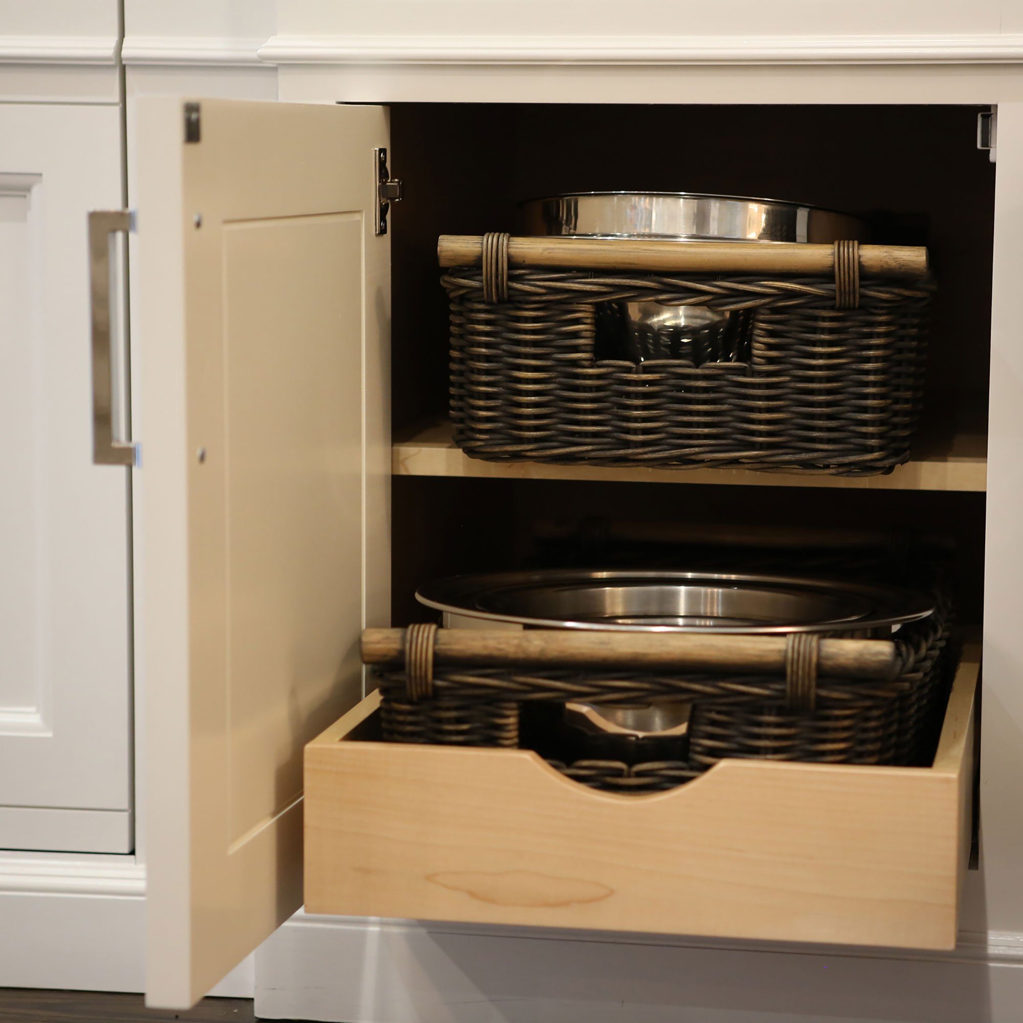 Low Pole Handle Wicker Storage Basket, Antique Walnut Brown, in Kitchen Cabinet