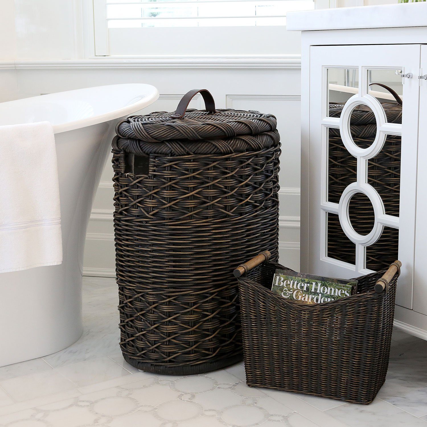 Narrow Wicker Magazine Basket in Master Bathroom | Wicker Bathroom Accessory | The Basket Lady