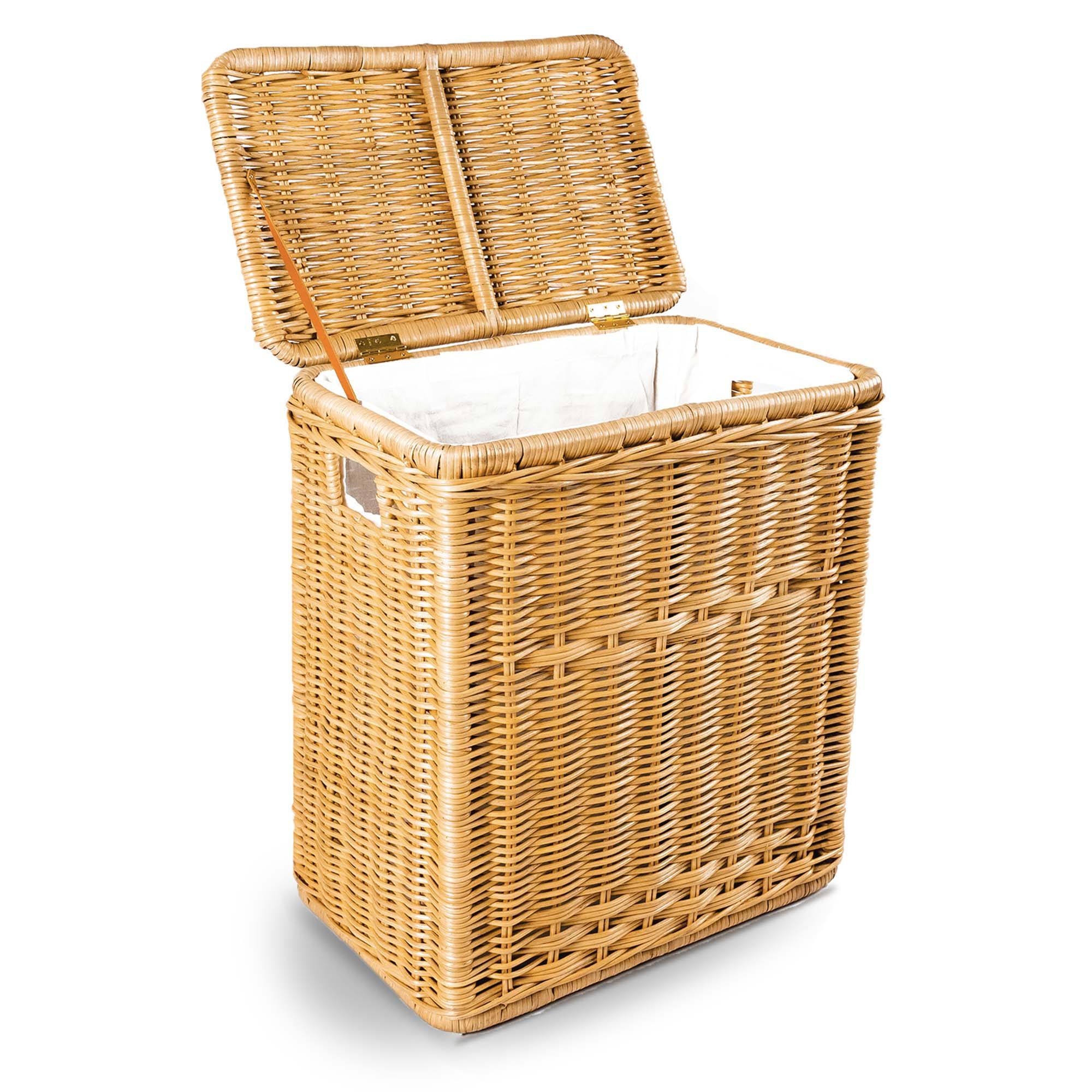 Narrow Rectangular Laundry Hamper in Sandstone, lid open | The Basket Lady