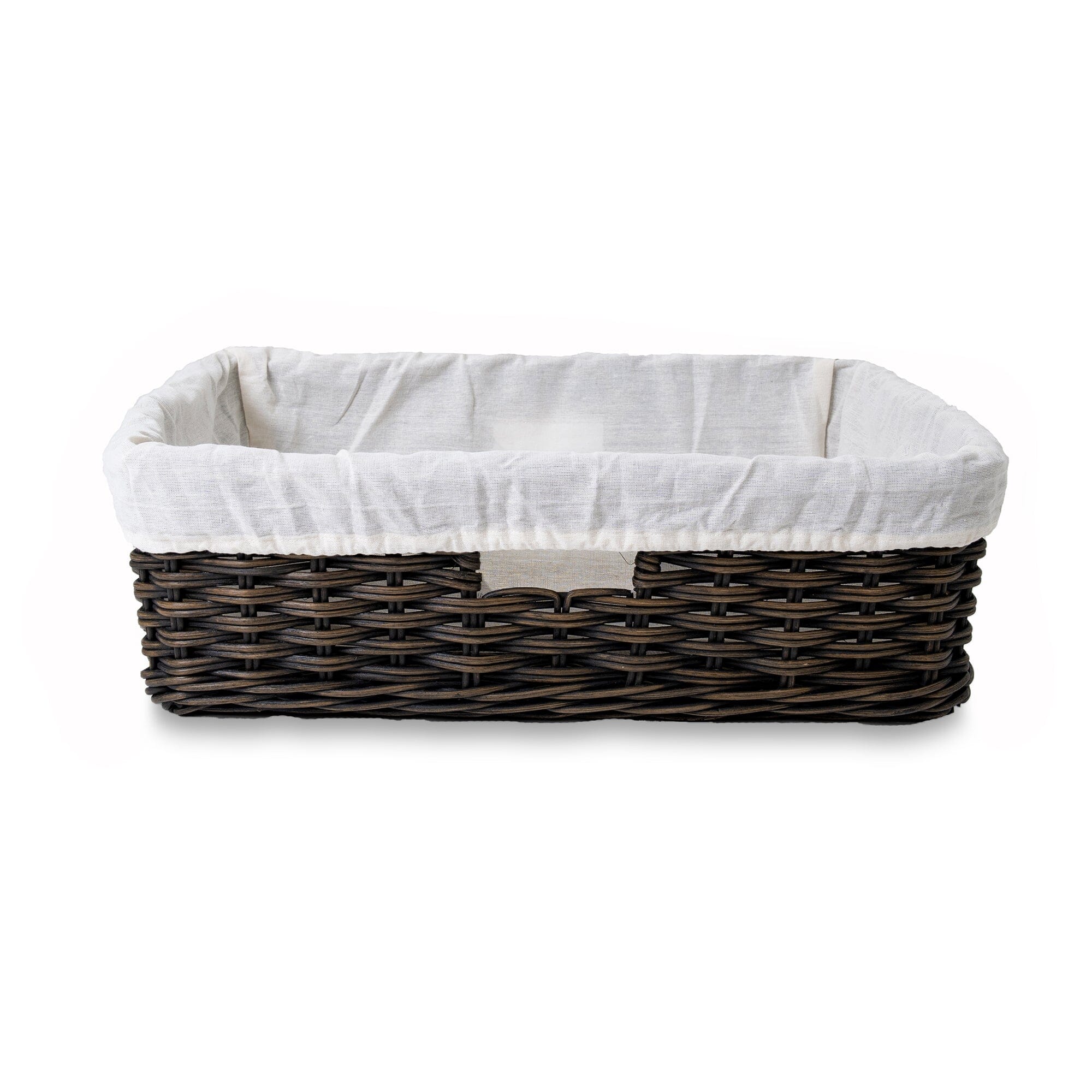 Fabric Basket Liner for Rectangular Low Wicker Storage Basket, Large, side view | The Basket Lady
