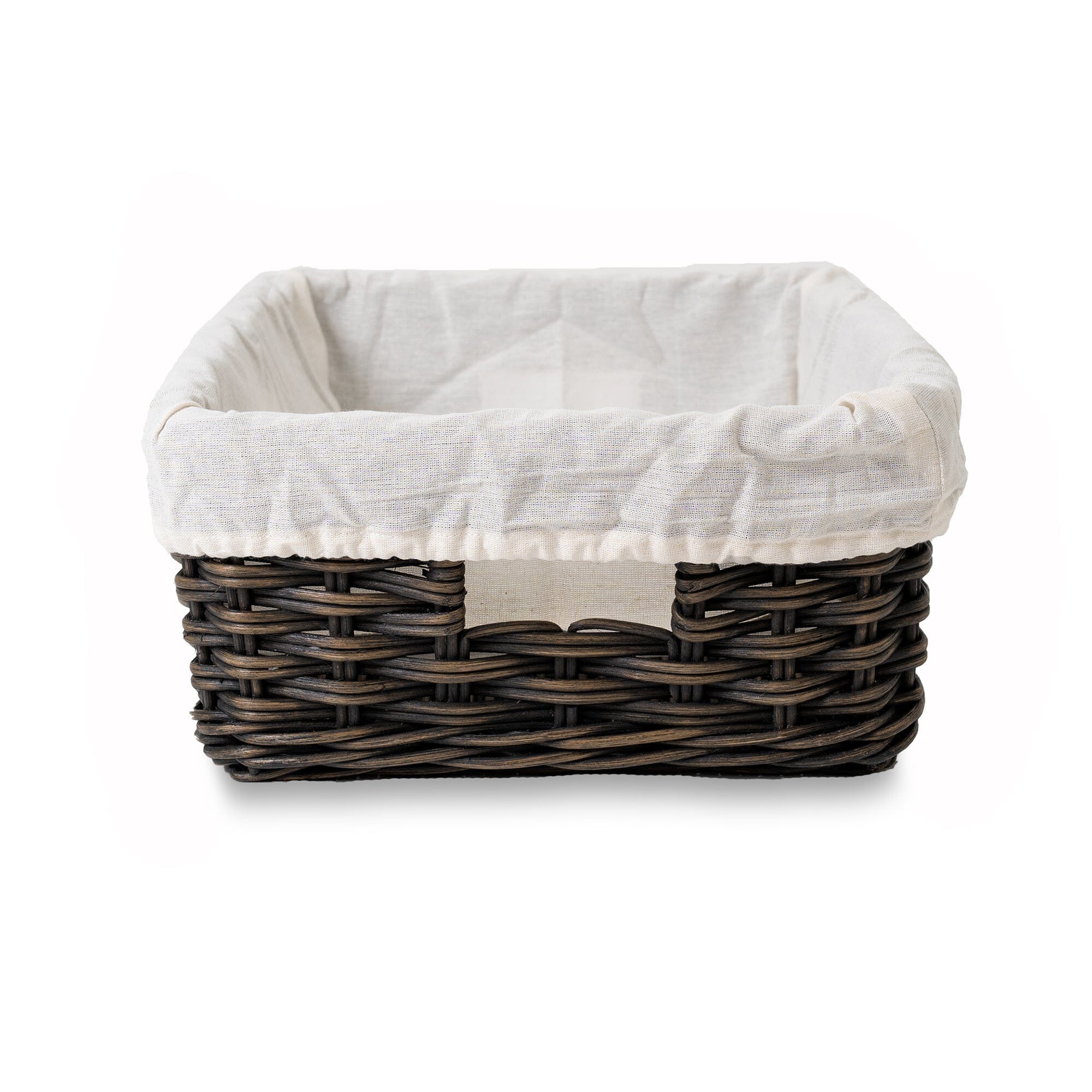 Fabric Basket Liner for Rectangular Low Wicker Storage Basket, Medium, front view | The Basket Lady