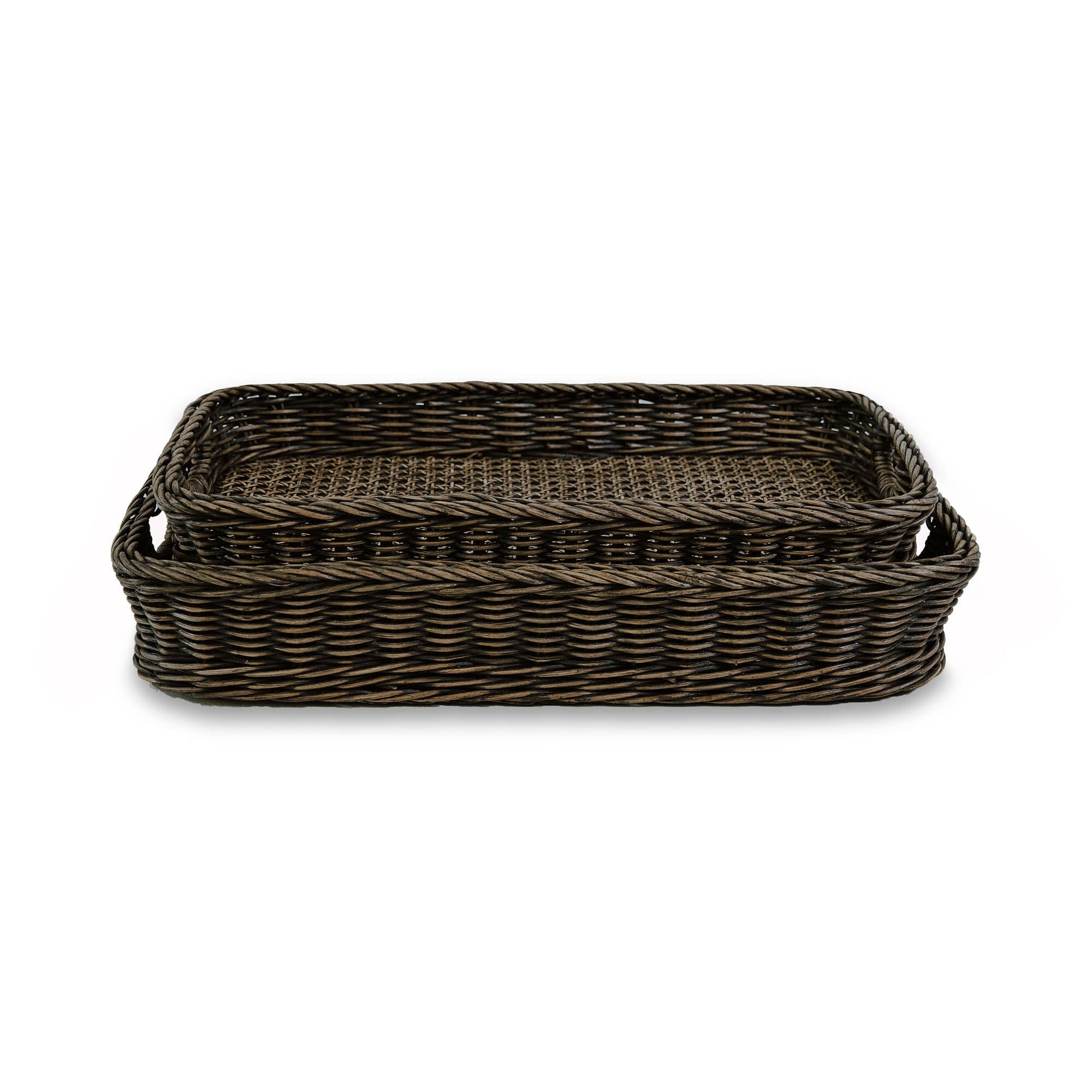 Rectangular Wicker Serving Tray in Antique Walnut Brown, 2 sizes shown, front view | The Basket Lady