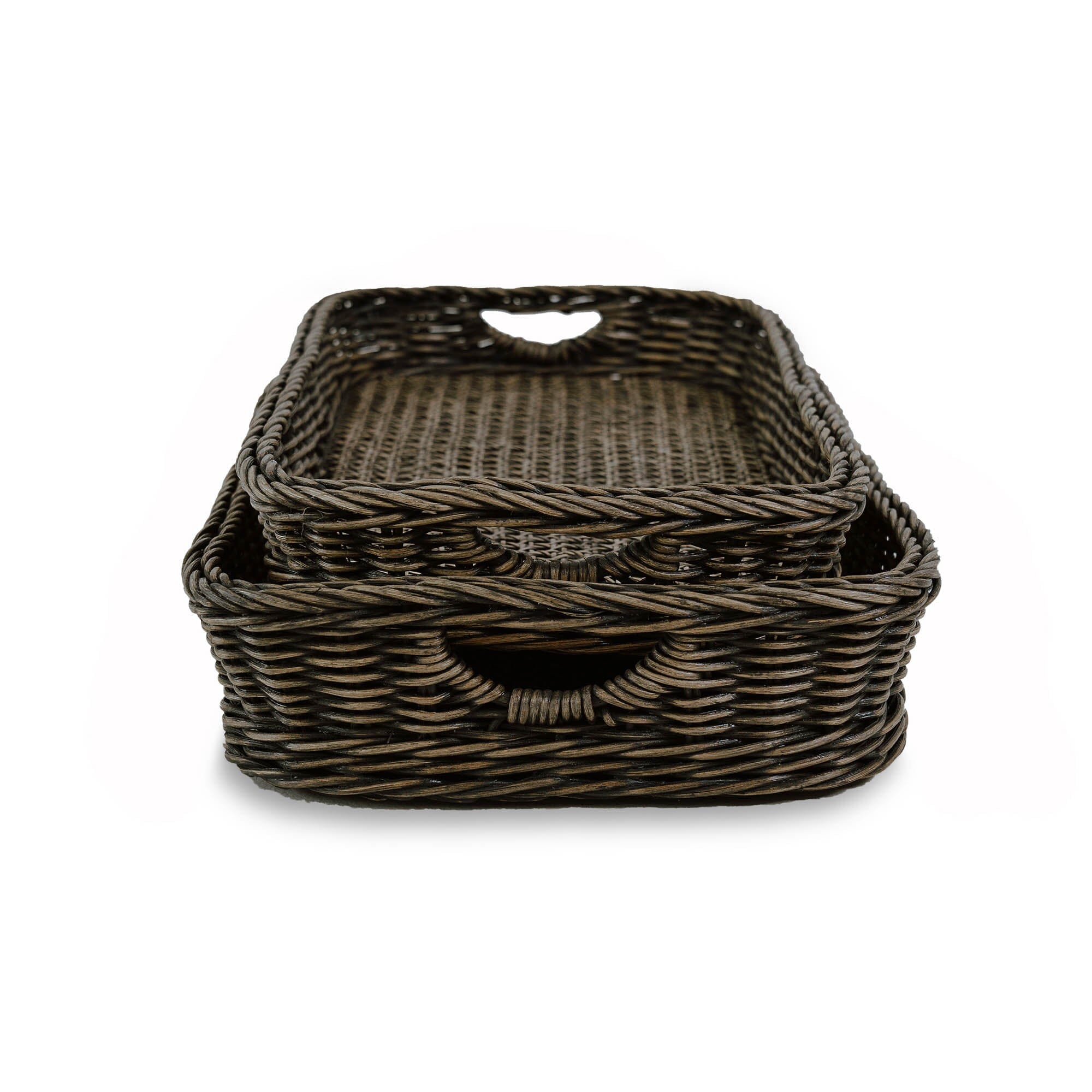 Rectangular Wicker Serving Tray in Antique Walnut Brown, 2 sizes shown, handle view| The Basket Lady