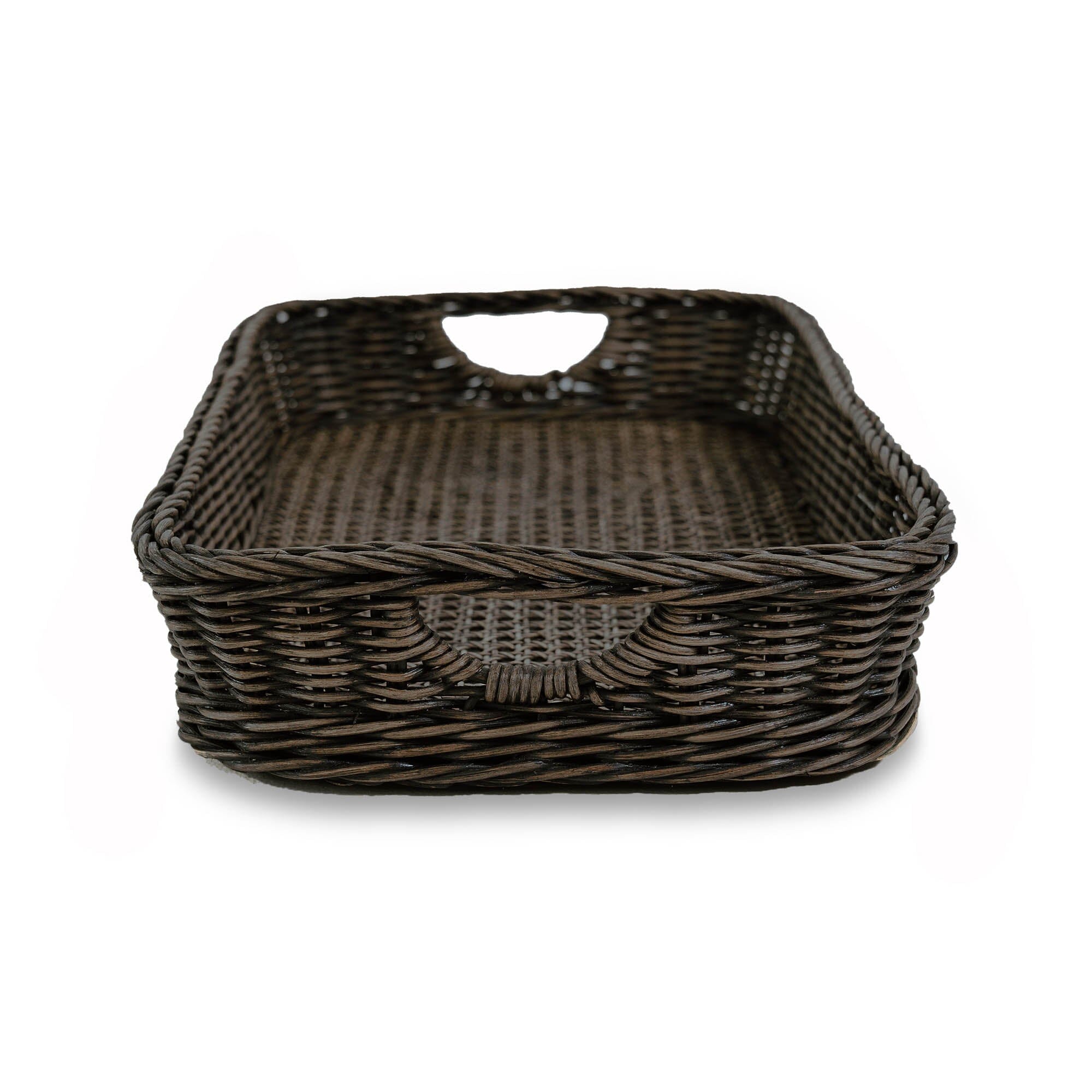 Rectangular Wicker Serving Tray in Antique Walnut Brown, size Large, handle view | The Basket Lady