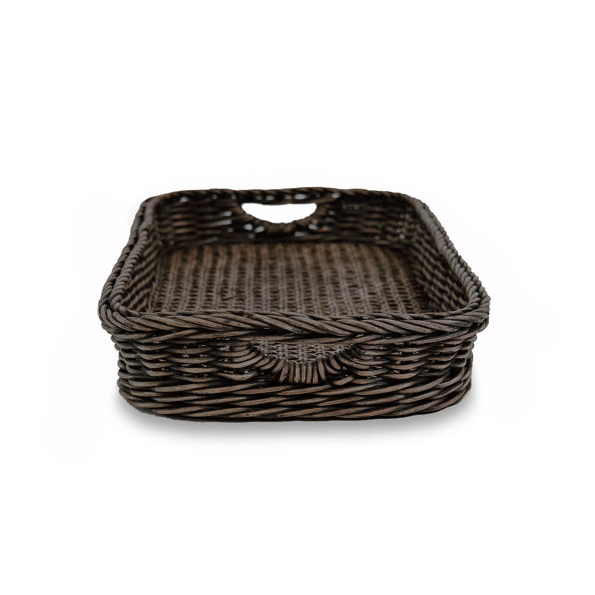 Rectangular Wicker Serving Tray in Antique Walnut Brown, size Small, handle view | The Basket Lady
