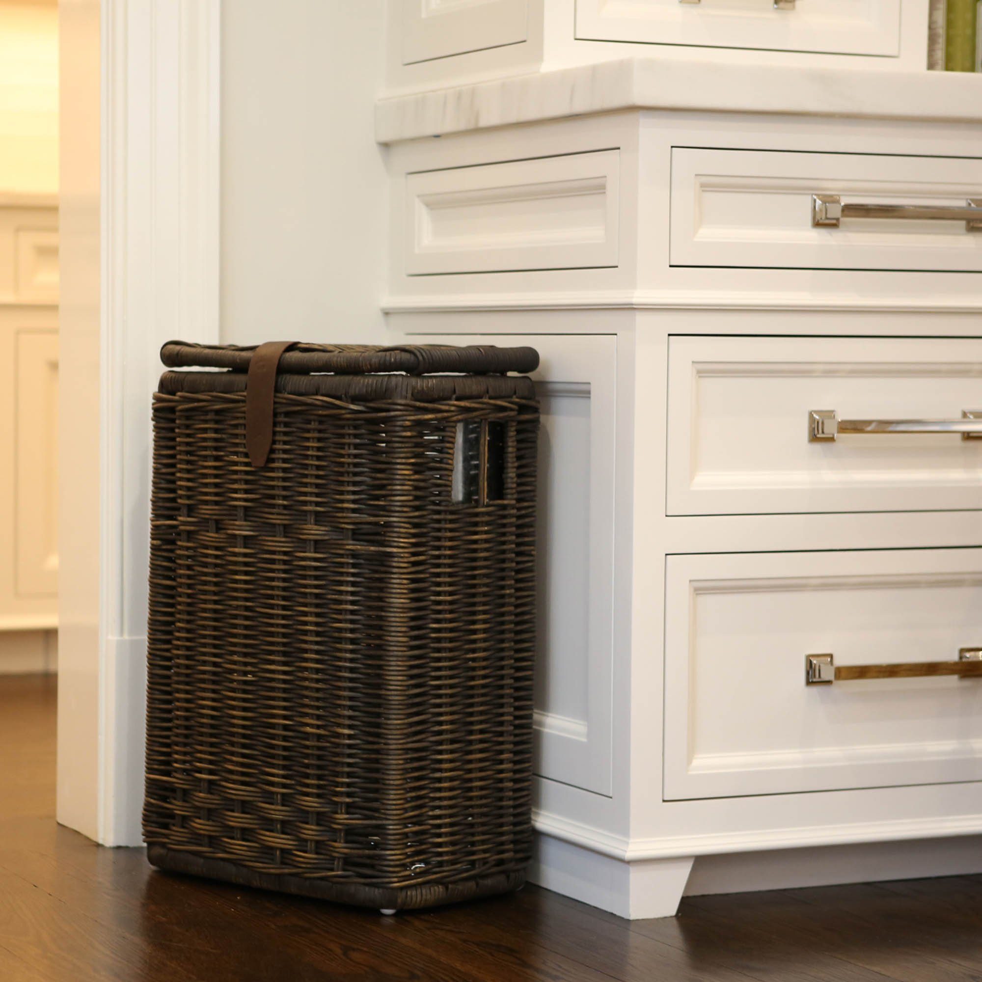 Rectangular Wicker Kitchen Trash Basket in Antique Walnut Brown in white kitchen | The Basket Lady