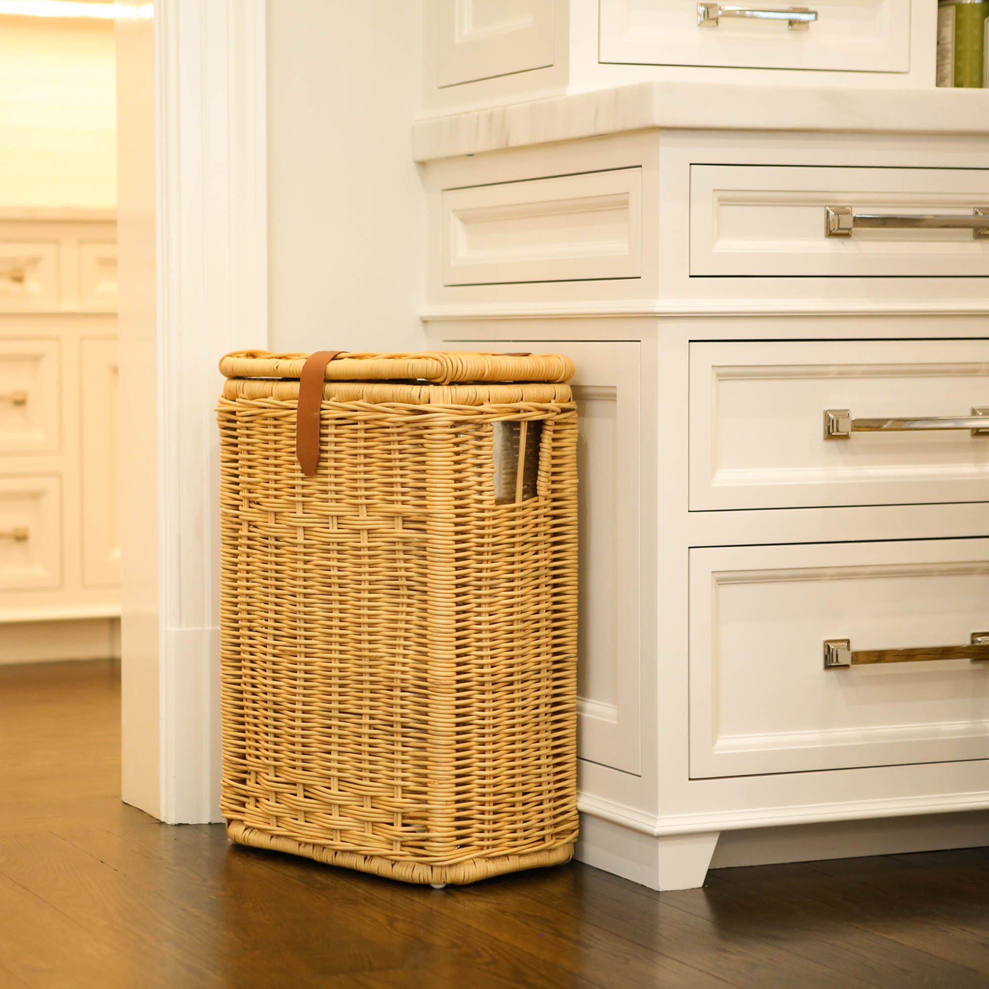 Rectangular Wicker Kitchen Trash Basket in Toasted Oat in white kitchen | The Basket Lady