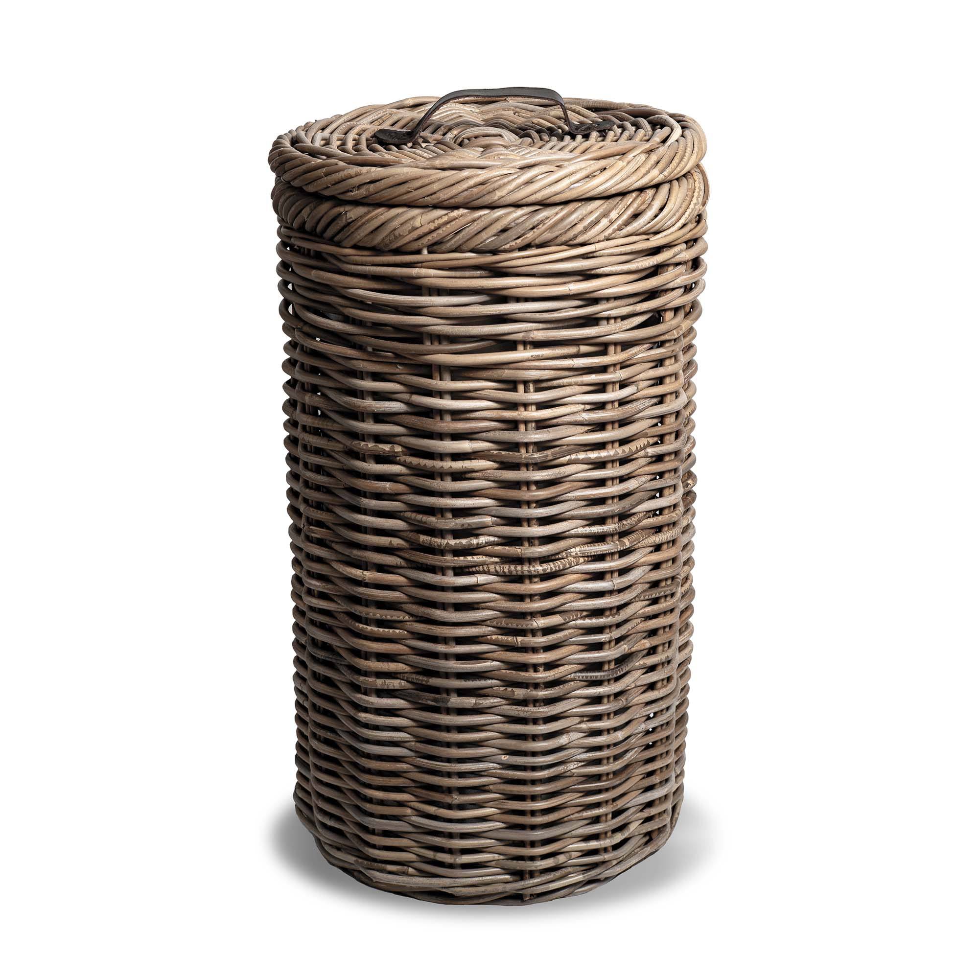 Tall Kubu Wicker Kitchen Trash Basket shown with lid on | The Basket Lady