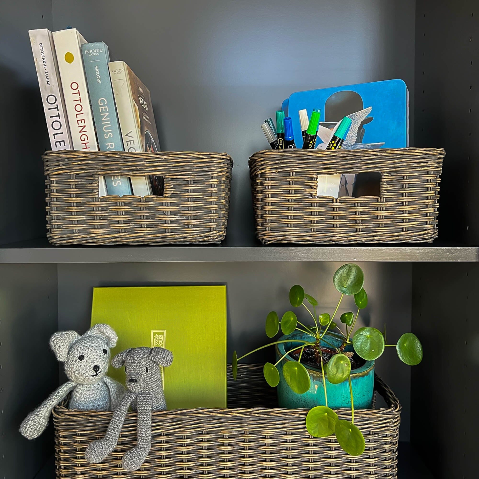 Office Shelving Storage with 2x Square Low Wicker Storage Basket Antique Walnut Brown Small | The Basket Lady