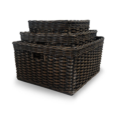 Square Deep Wicker Storage Basket Antique Walnut Brown, 3 sizes shown | The Basket Lady 