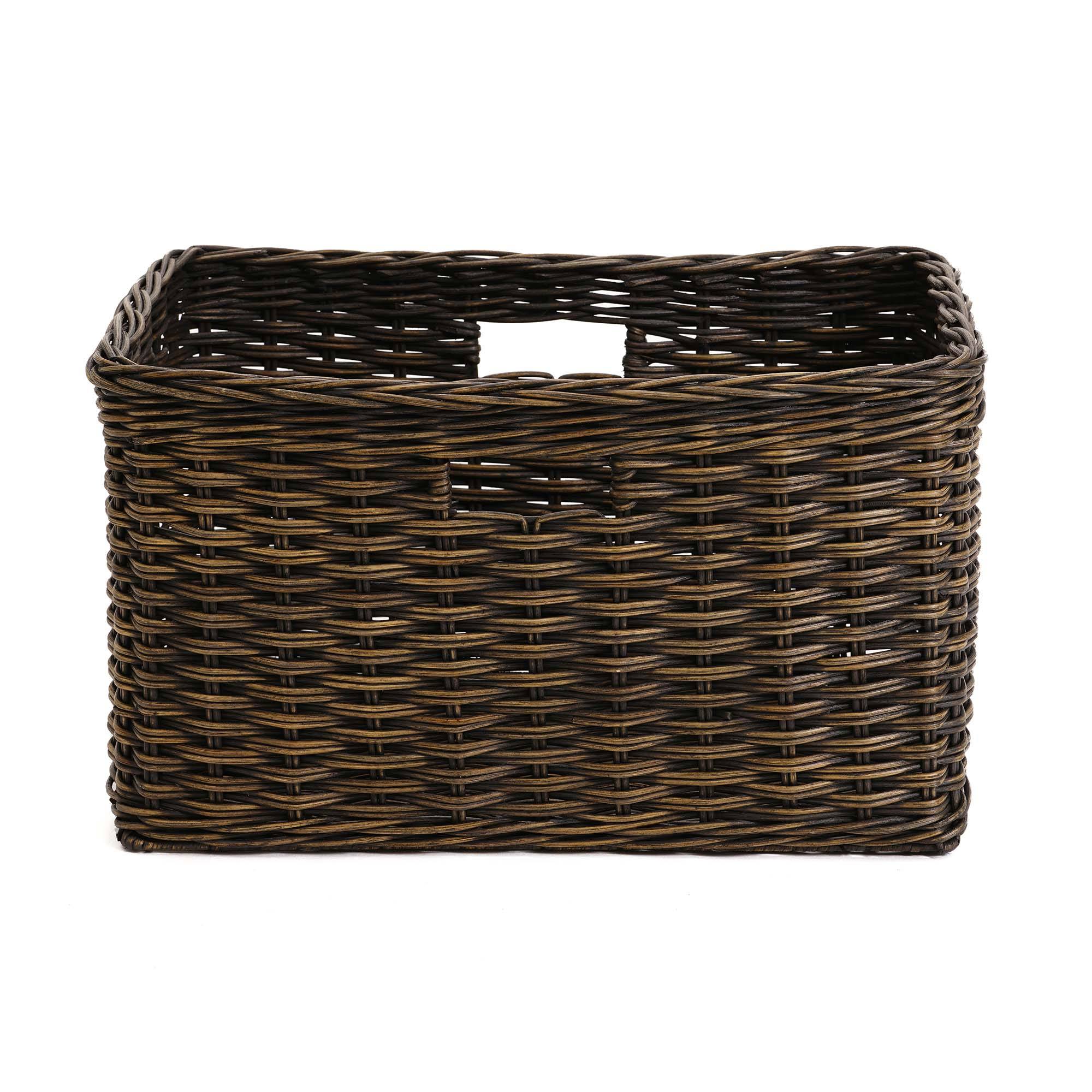 Tall Rectangular Wicker Storage Basket in Antique Walnut Brown, front view | The Basket Lady