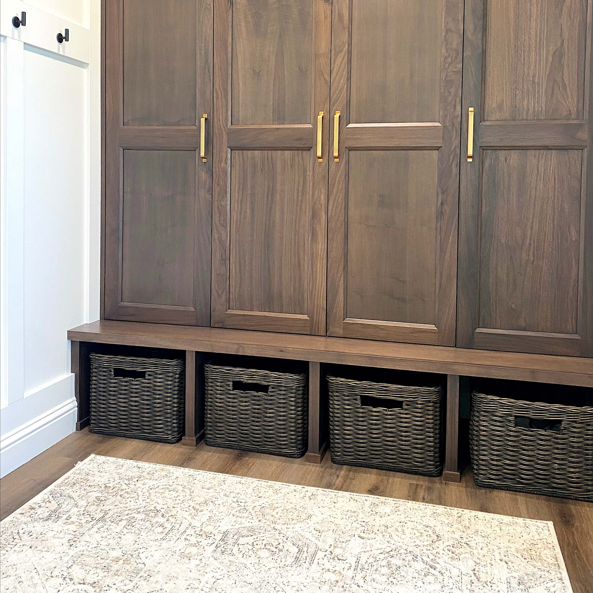 Tall Rectangular Wicker Storage Basket, Antique Walnut Brown, large in mudroom cabinetry