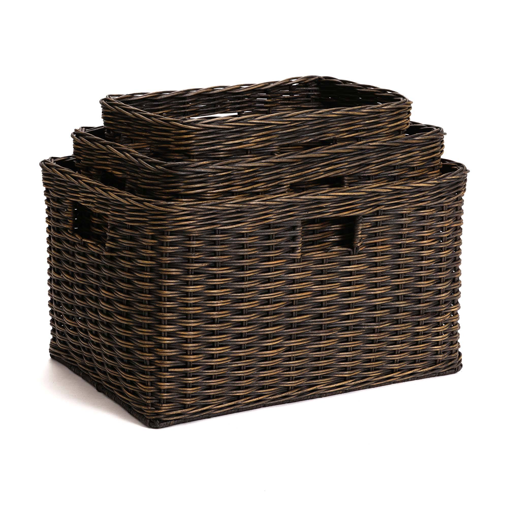 Tall Rectangular Wicker Storage Basket in Antique Walnut Brown, 3 sizes stacked | The Basket Lady