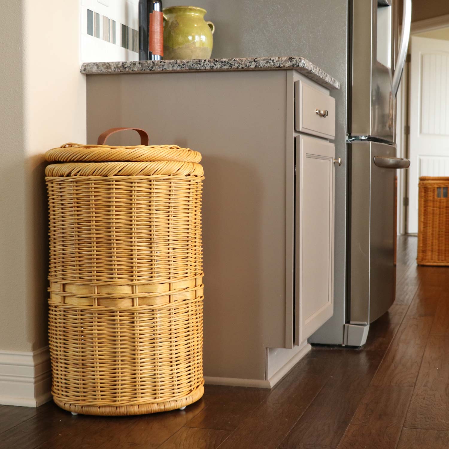 The Basket Lady Tall Wicker Trash Basket with Metal Liner in Sandstone in Kitchen | The Basket Lady