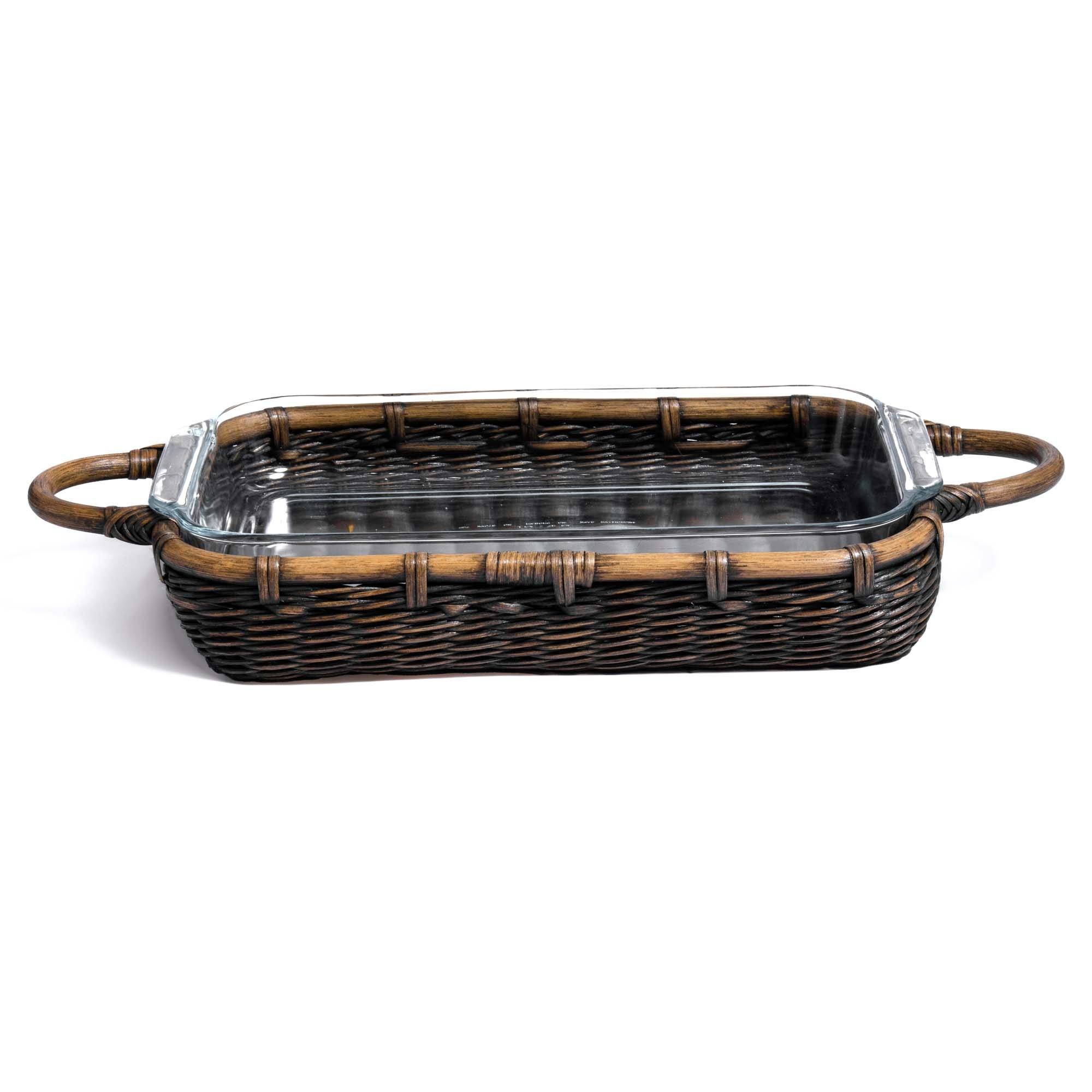 Wicker Casserole Basket in Antique Walnut Brown, fits 10x15 (4 qt) PYREX dish, front view | The Basket Lady