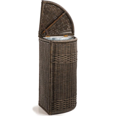 The Basket Lady Antique Walnut Brown Corner Wicker Trash Basket with Metal Liner shown with lid open