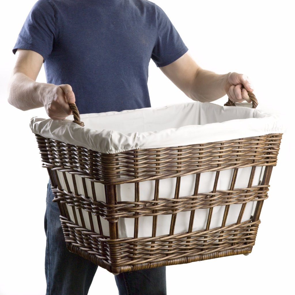The Basket Lady Wicker French Laundry Basket Antique Walnut Brown One Size (size 1) being carried