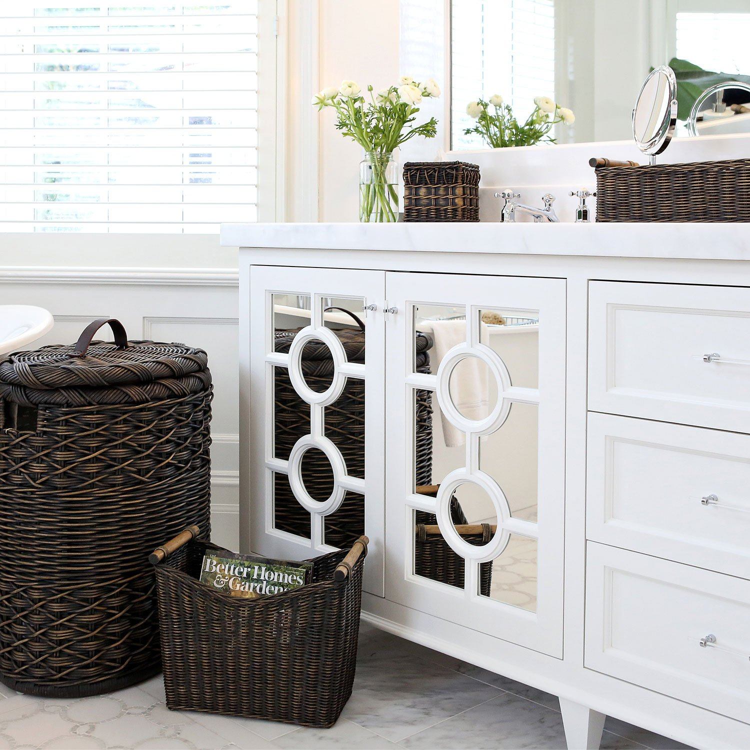 Narrow Wicker Magazine Basket with matching wicker bathroom accessory | The Basket Lady