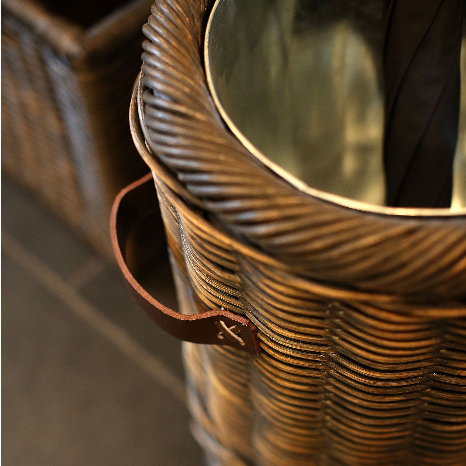 Removable Metal Liner and Leather Handles of Wicker Umbrella Basket | The Basket Lady