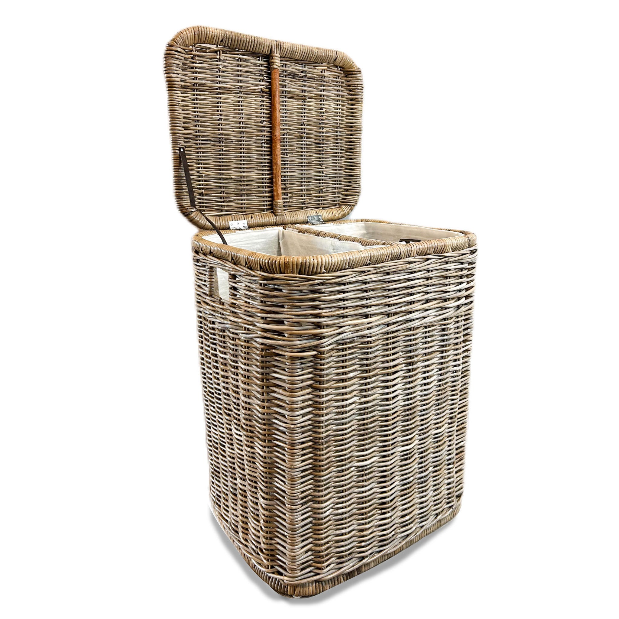 2-Compartment Kubu Wicker Laundry Hamper in Serene Grey with hinged lid shown open - The Basket Lady
