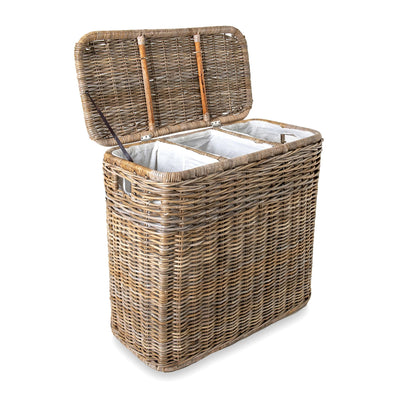 3-Compartment Kubu Wicker Laundry Hamper in Serene Grey, shown with lid open | The Basket Lady
