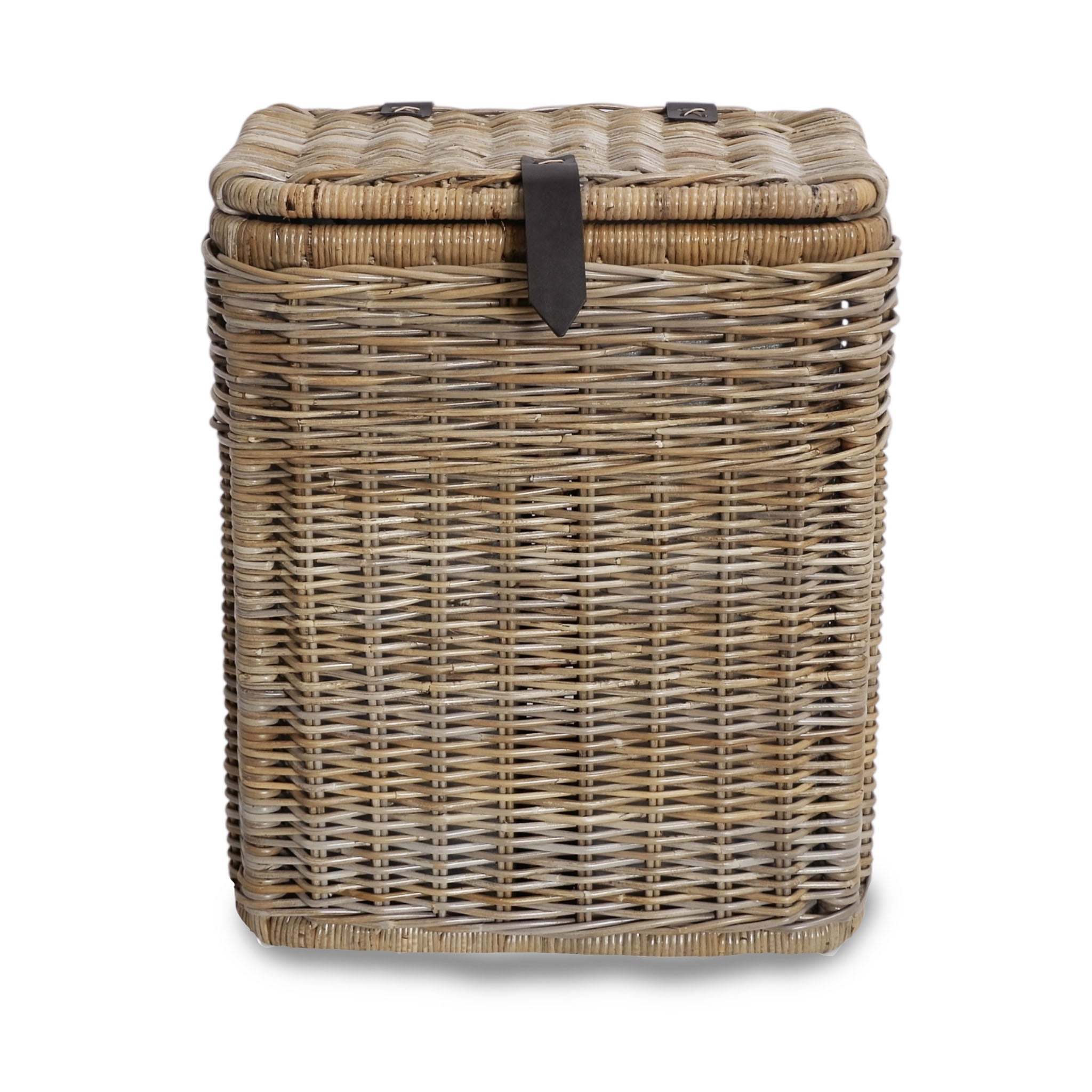 Divided Kubu WIcker Recycling Basket with leather accents, viewed from the front