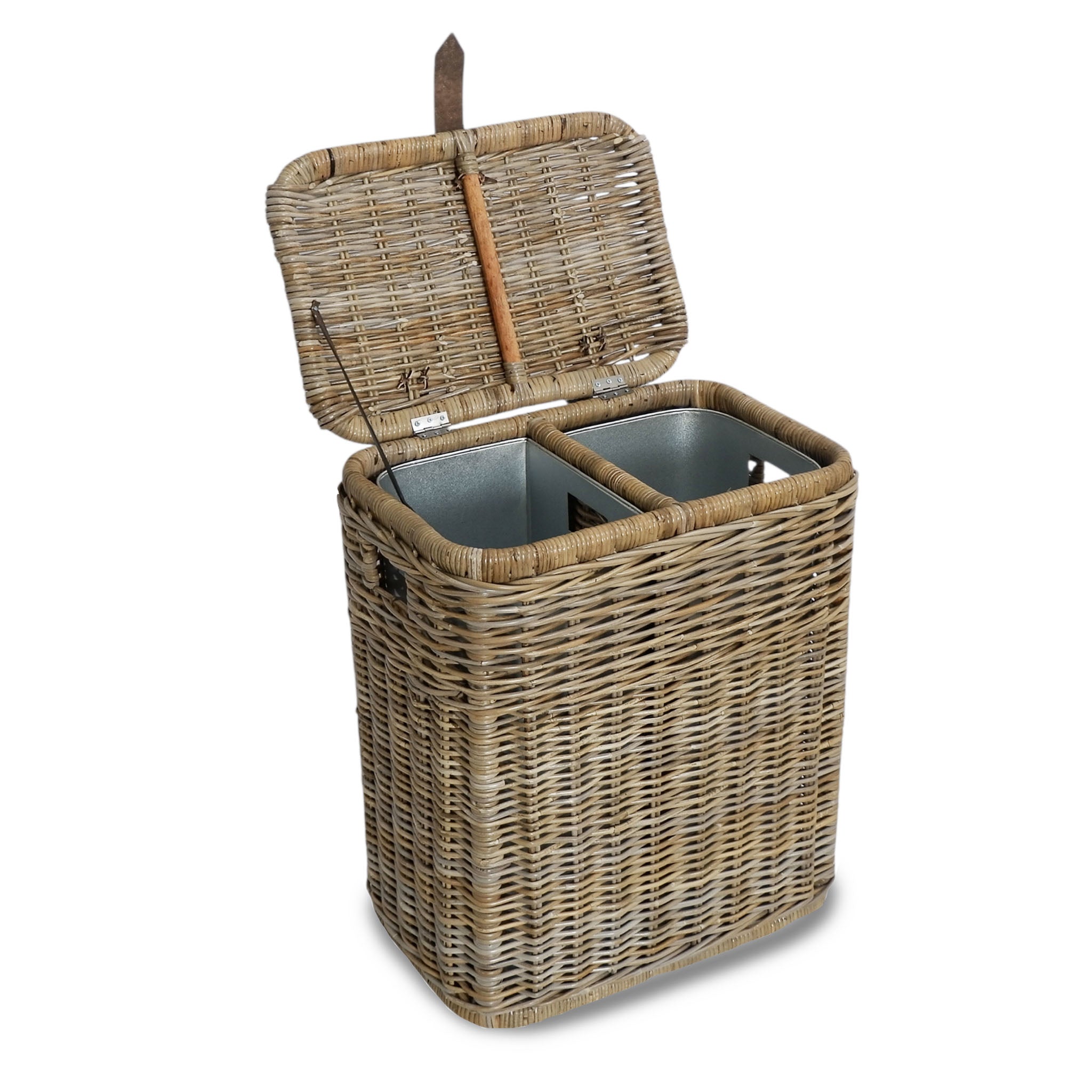 Divided Kubu WIcker Recycling Basket with open lid