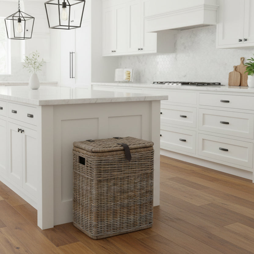 Divided Kubu Wicker Recycling Basket in Serene Grey in modern farmhouse white kitchen