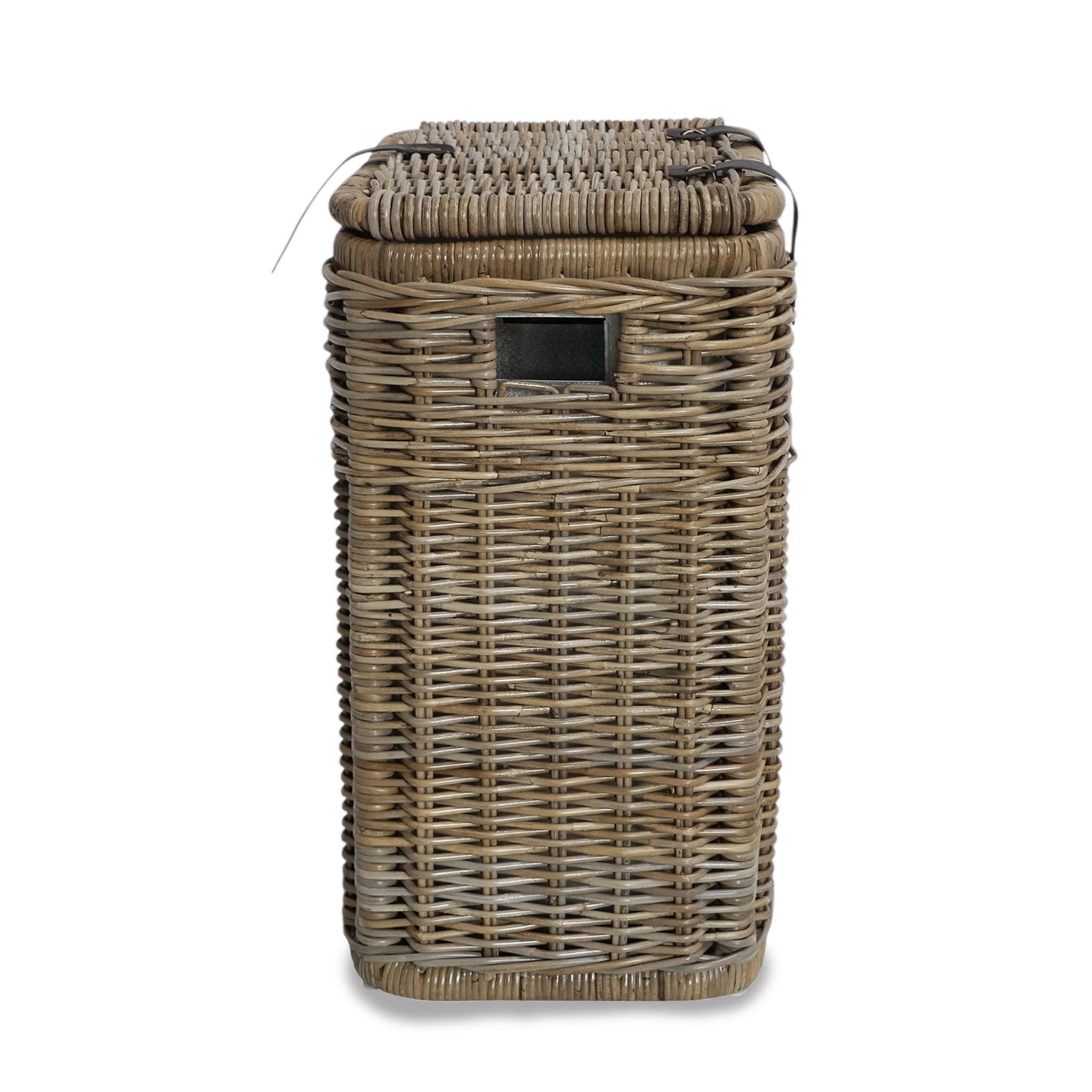 Divided Kubu WIcker Recycling Basket with leather accents, viewed from the side