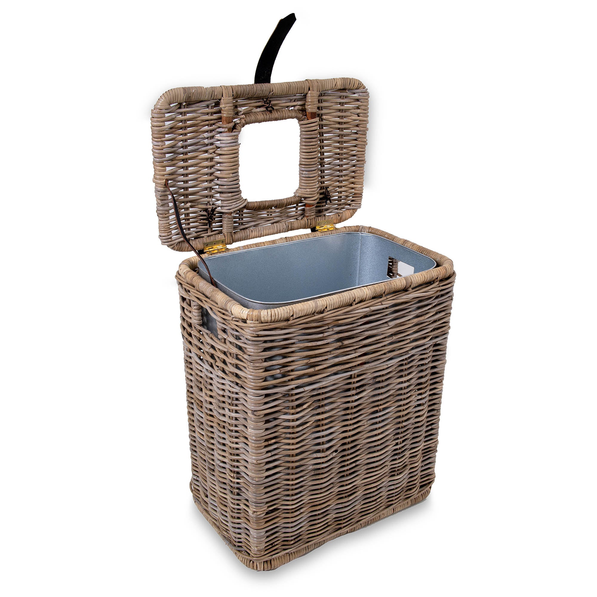 Drop-In Rectangular Kubu Wicker Trash Basket with Metal Liner, Serene Grey, lid open | The Basket Lady