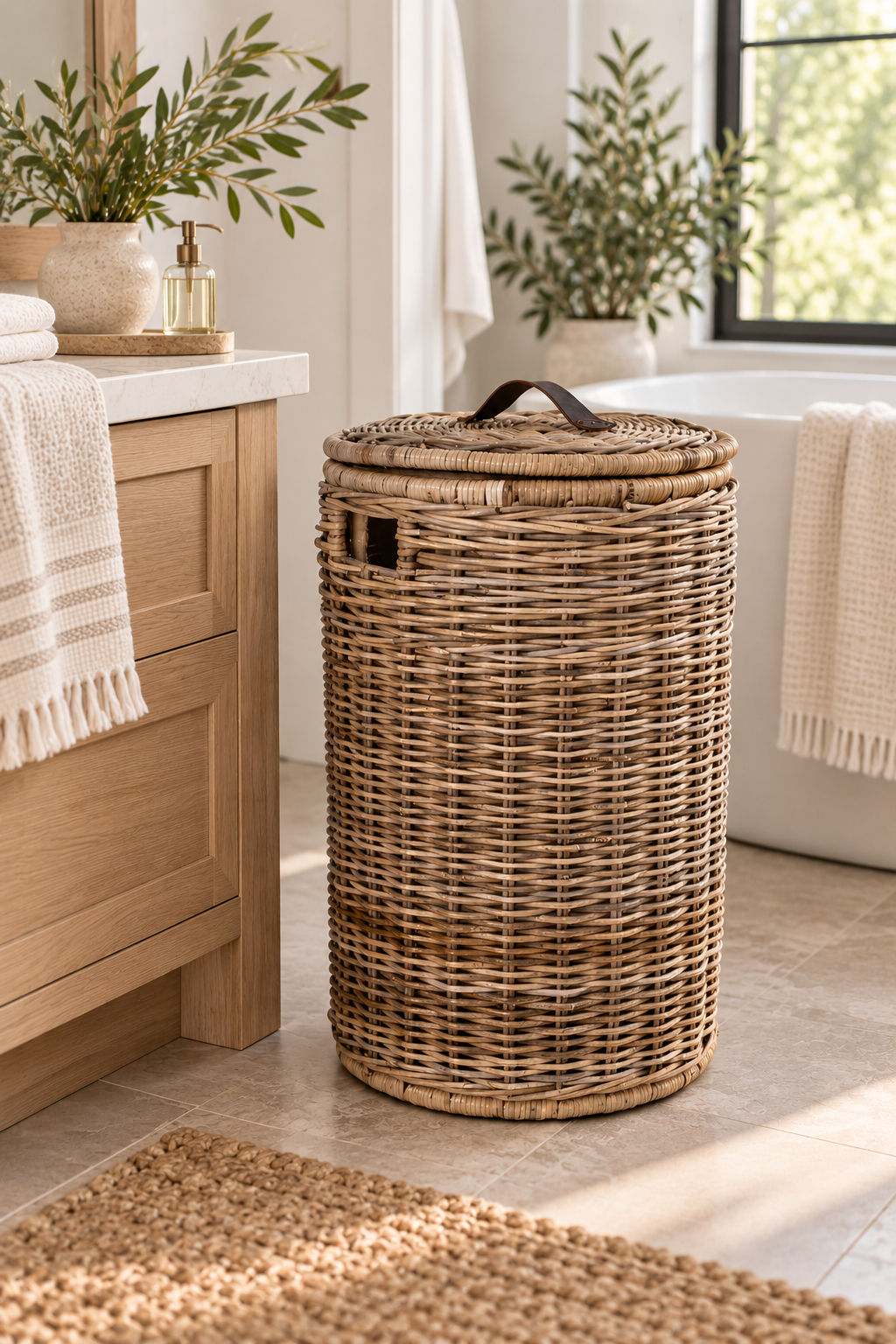Round Kubu Wicker Laundry Hamper size L in a spa-like bathroom | The Basket Lady