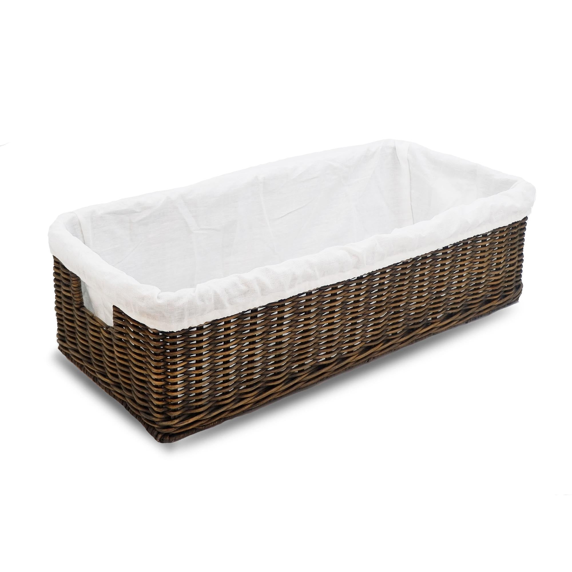 Long Low Wicker Basket in Antique Walnut Brown, L shown with fabric liner | The Basket Lady