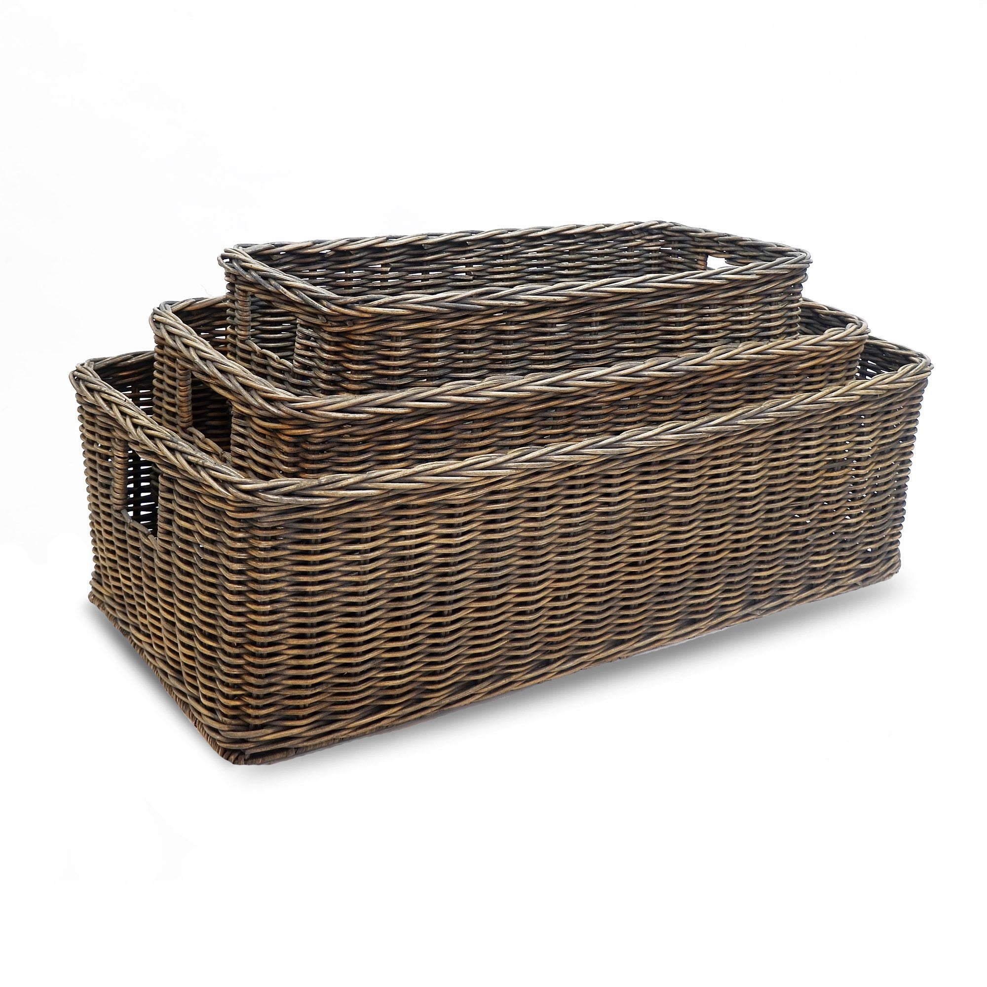 Long Low Wicker Basket in Antique Walnut Brown, 3 sizes shown | The Basket Lady