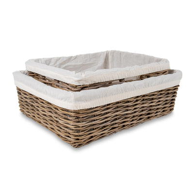 Low Wide Kubu Wicker Storage Basket two sizes shown with liners | The Basket Lady