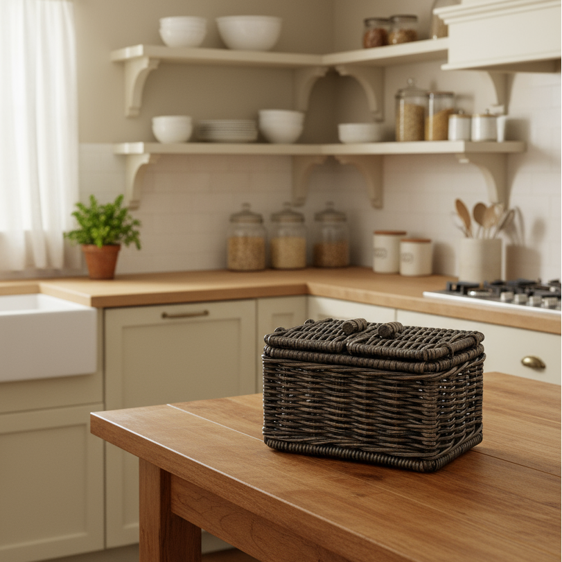 Mini lidded wicker box in cottage-style kitchen