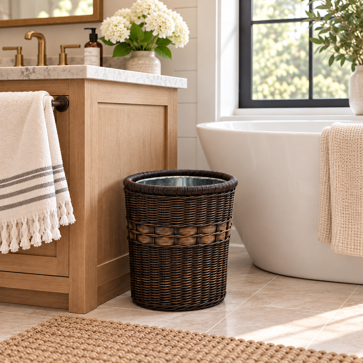 Oval Wicker Waste Basket in Antique Walnut Brown shown next to a bathroom cabinet and soaking tub