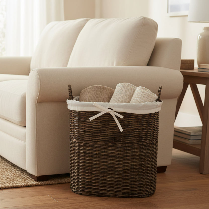 Tall Oval Tote Basket with fabric liner in Antique Walnut Brown holding throw blankets in living room