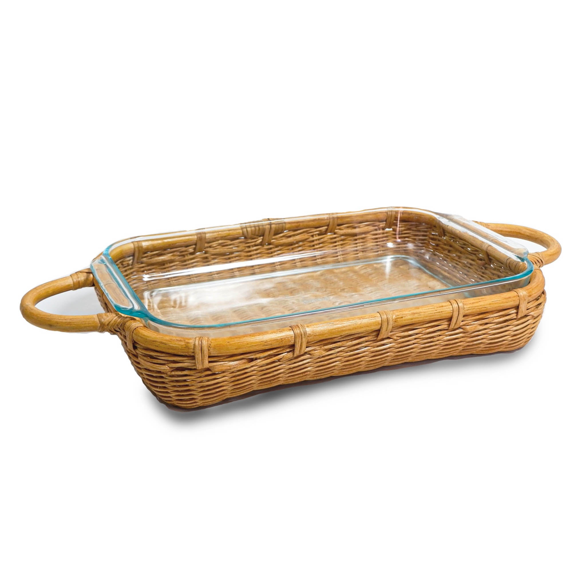 Wicker Casserole Basket in Sandstone, shown with Pyrex Glass Dish