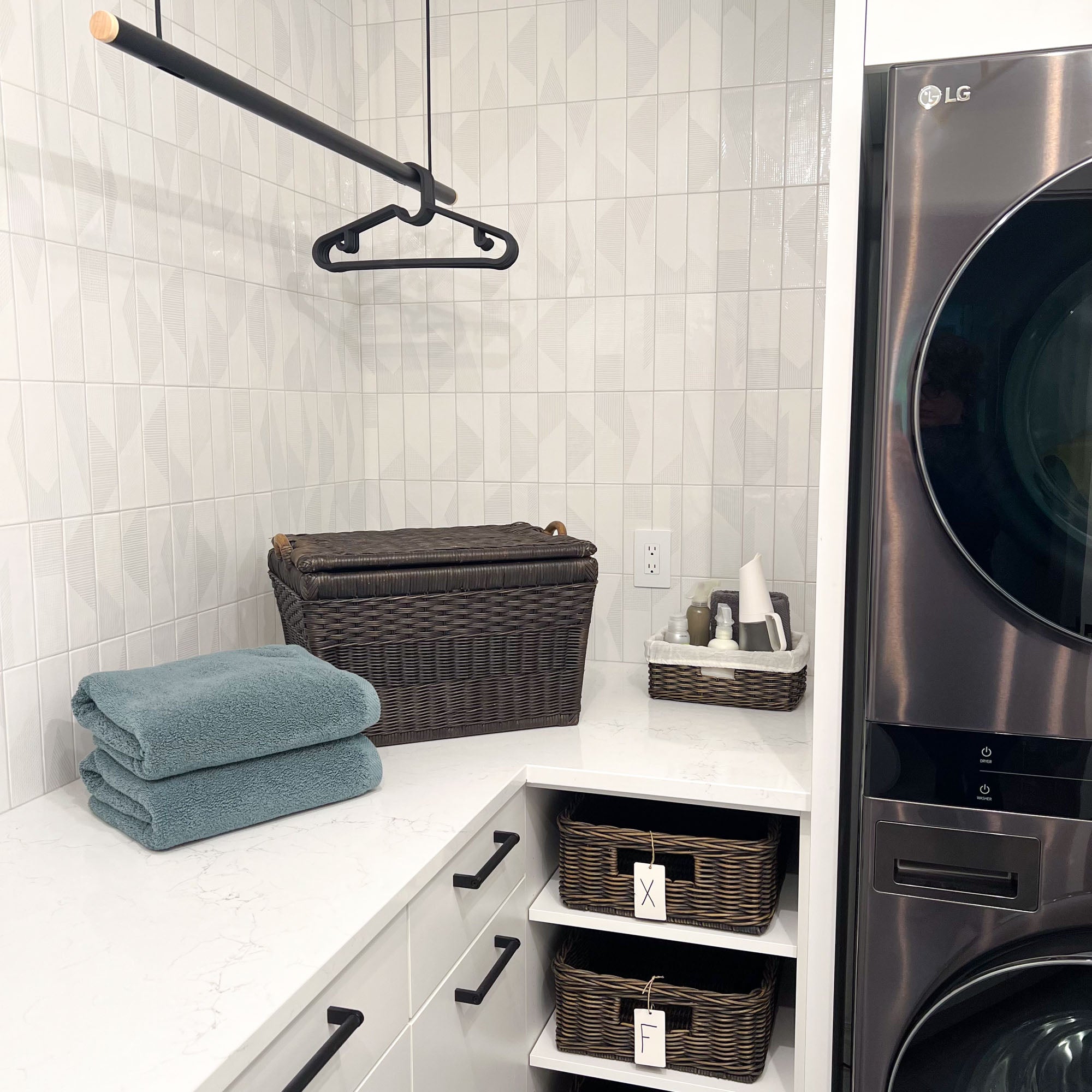 Lift-off Lid Storage Baskets in Antique Walnut Brown in white laundry room | The Basket Lady