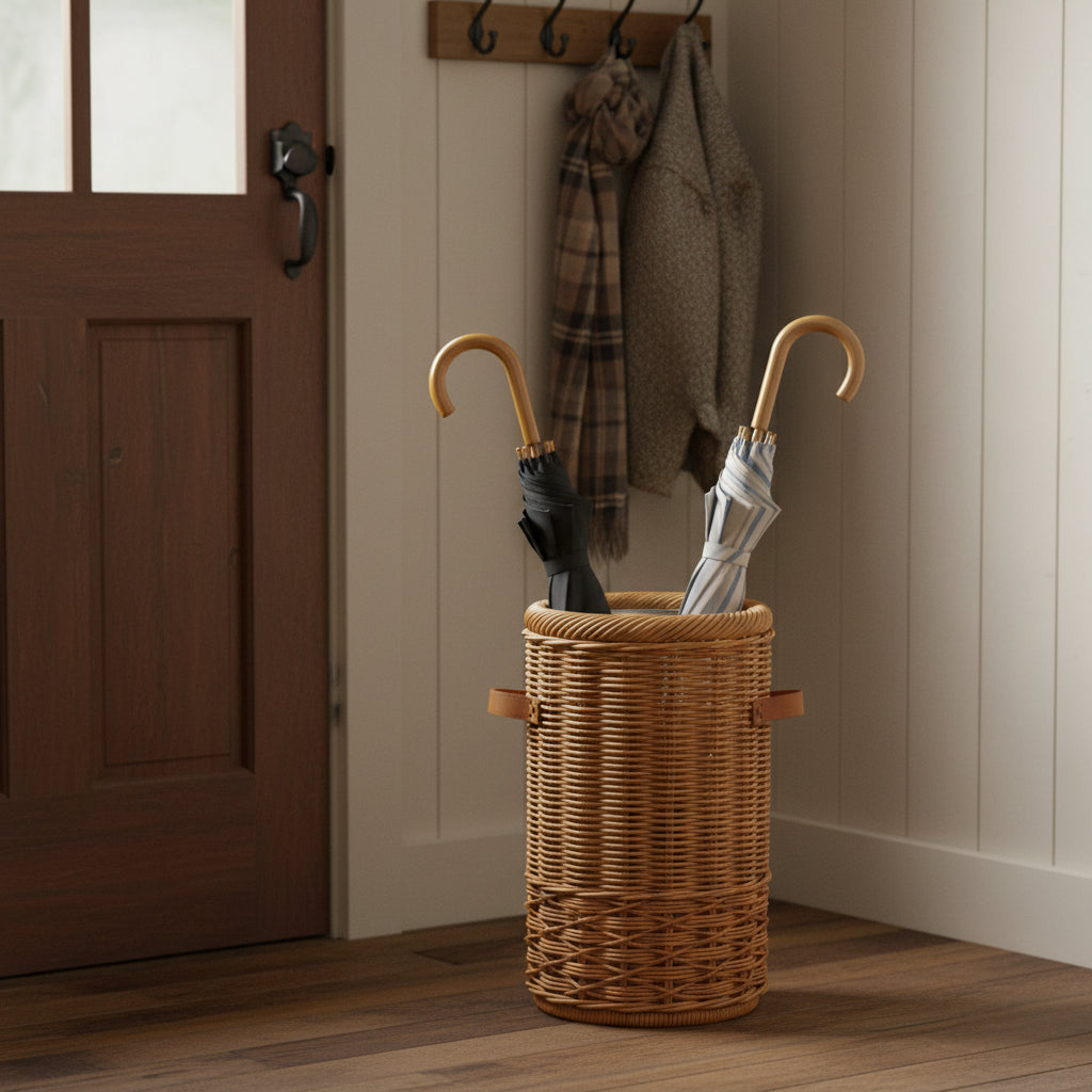 Wicker Umbrella Stand in Sandstone at front door
