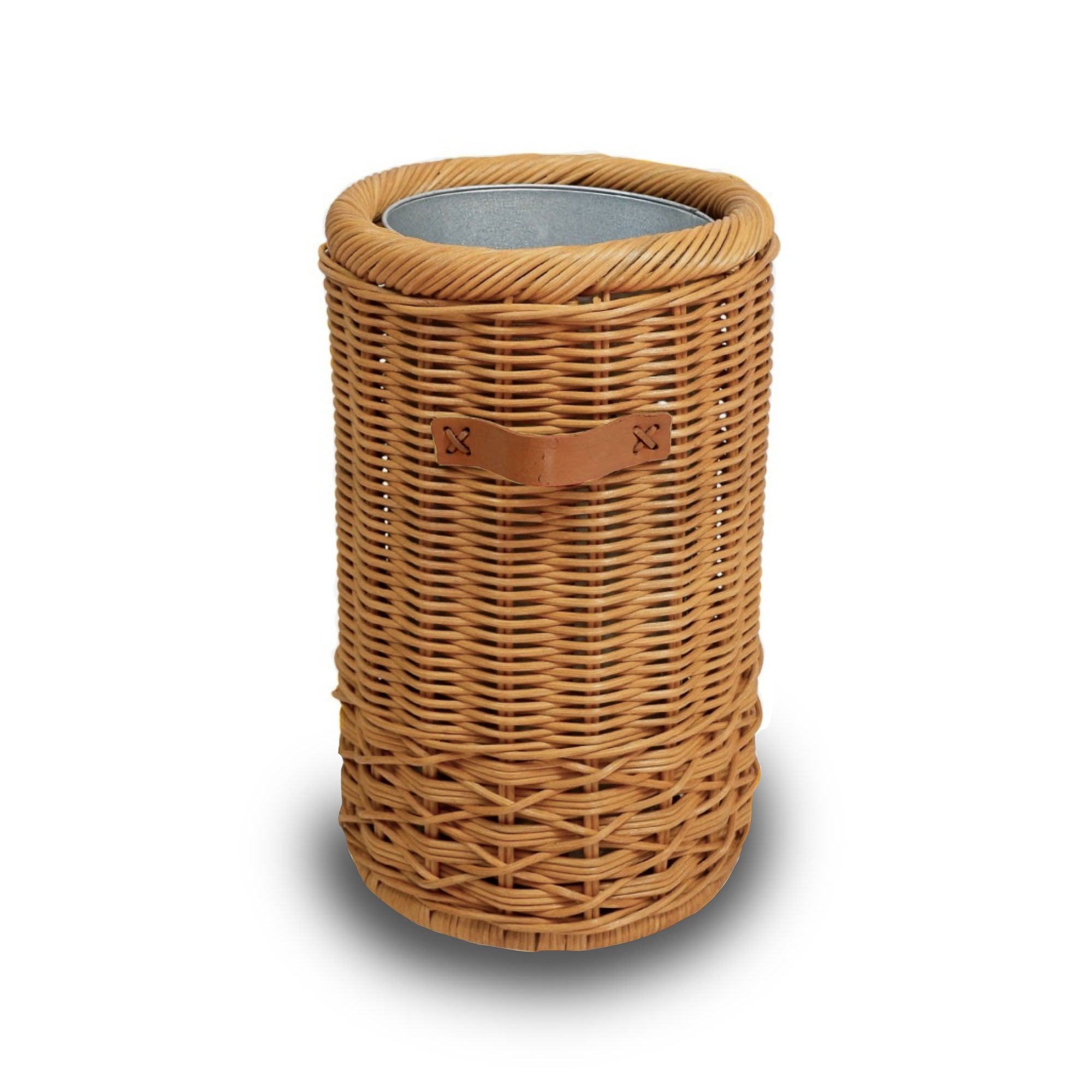 Wicker Umbrella Stand in Sandstone with decorative leather handles and removable metal liner, side view
