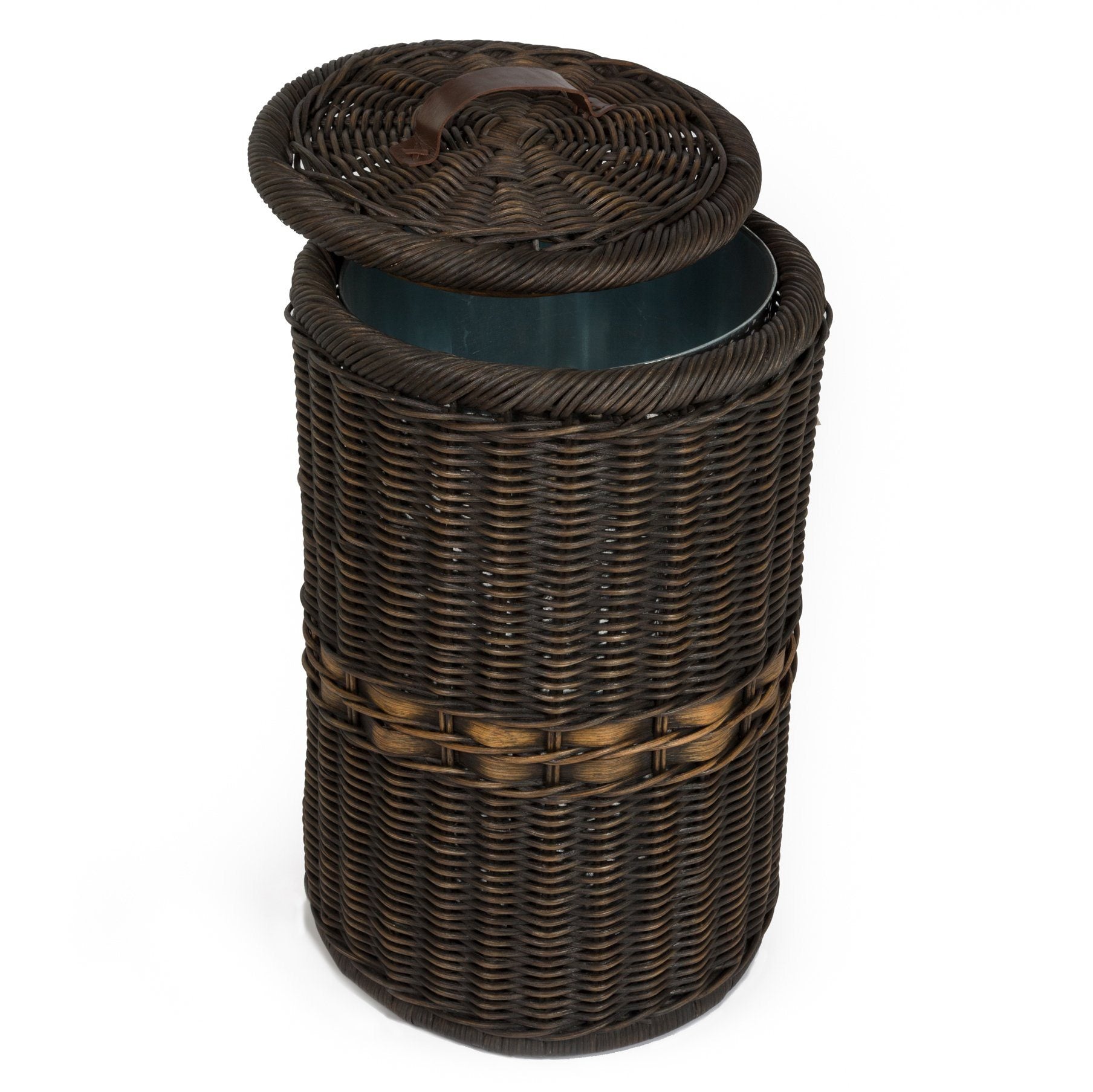 #color_antique walnut brown - The Basket Lady Tall Wicker Trash Basket with Metal Liner in Antique Walnut Brown with lid open | The Basket Lady