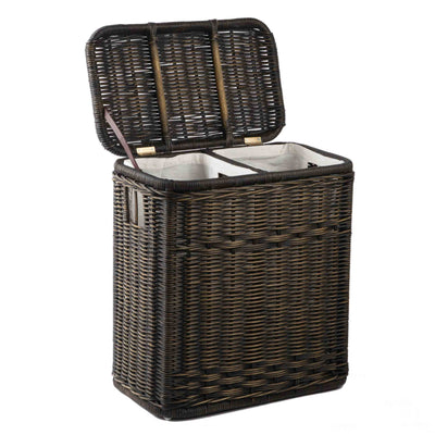 2-Compartment Wicker Laundry Hamper in Antique Walnut Brown with lid open | The Basket Lady 