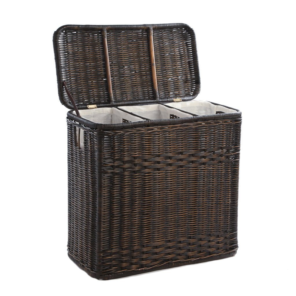 #color_antique walnut brown - 3 Compartment Wicker Laundry Hamper in Antique Walnut Brown shown with lid open | The Basket Lady