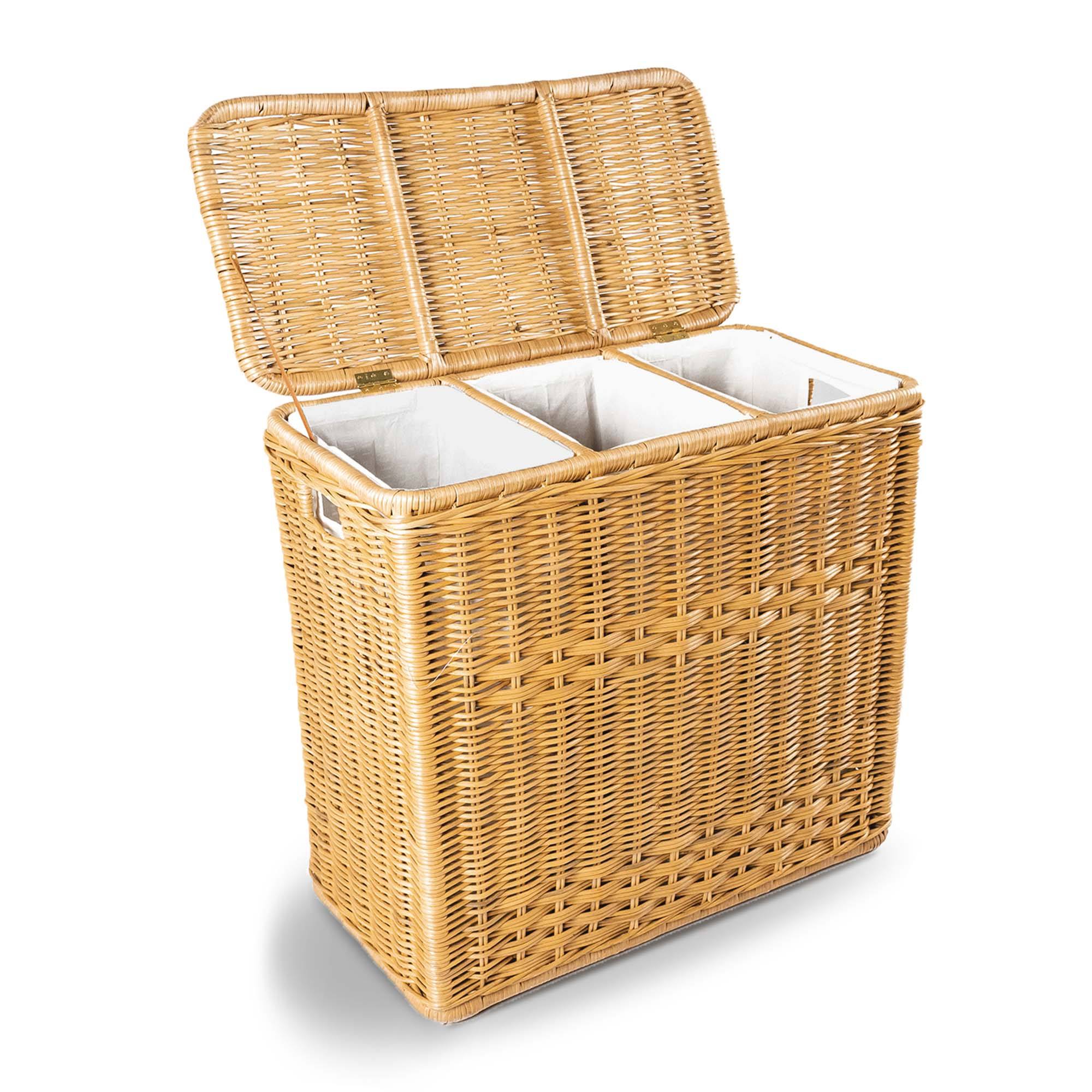 #color_sandstone - 3-Compartment Wicker Laundry Hamper in Sandstone, lid open | The Basket Lady