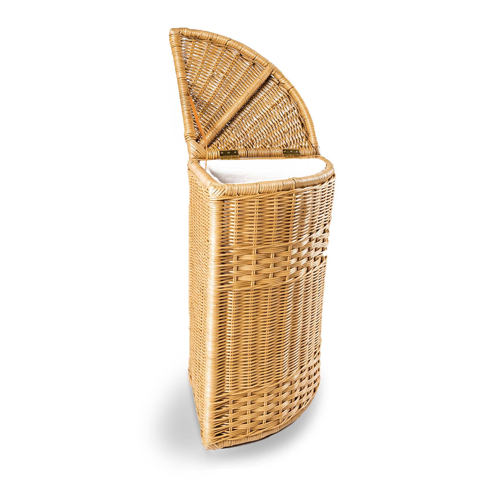 #color_sandstone - Corner Wicker Laundry Hamper in Sandstone, lid open | The Basket Lady