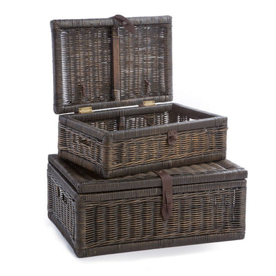 Covered Wicker Storage Basket in Antique Walnut Brown, nested set of 2 | The Basket Lady