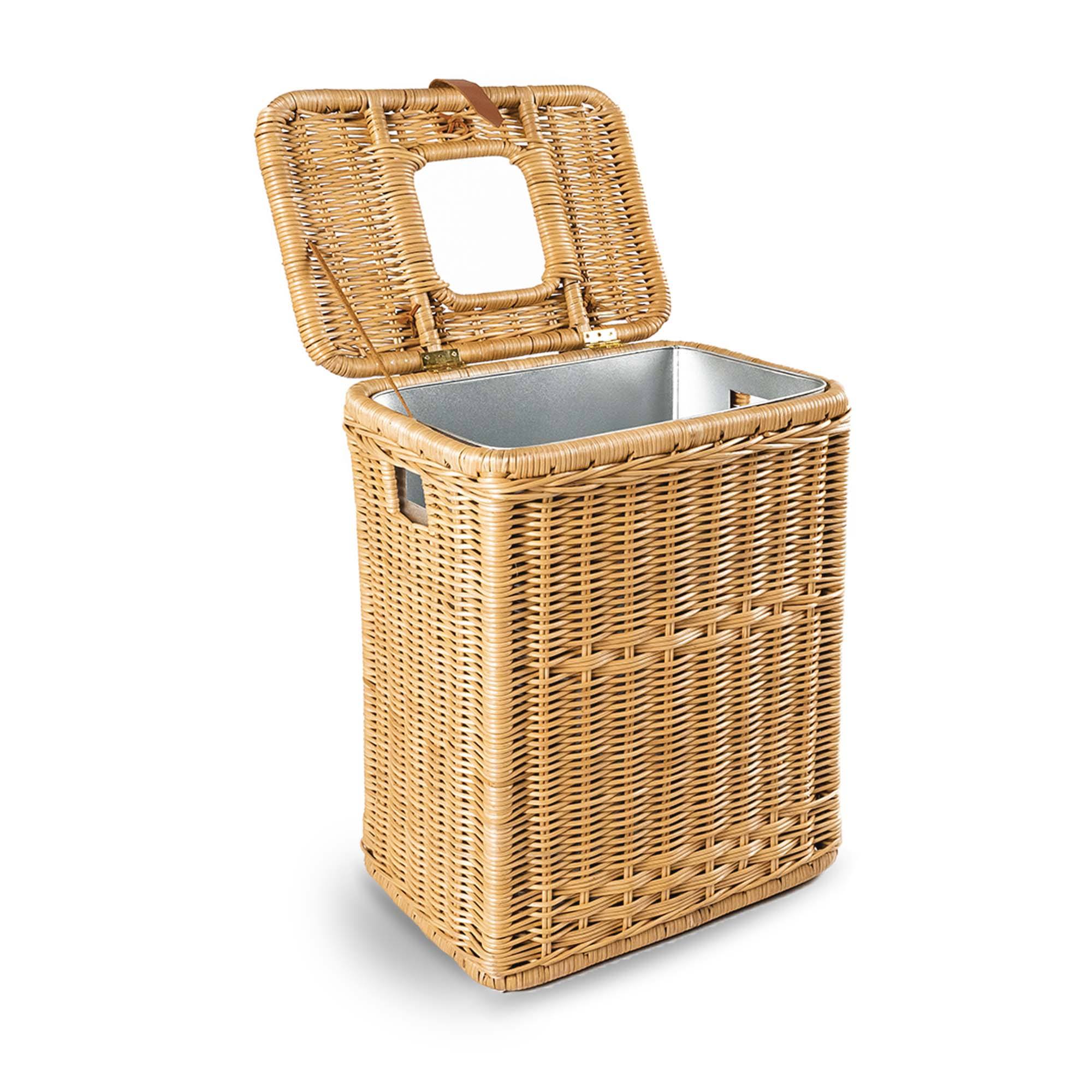 #color_sandstone - Drop-in Rectangular Wicker Trash Basket in Sandstone, lid open | The Basket Lady