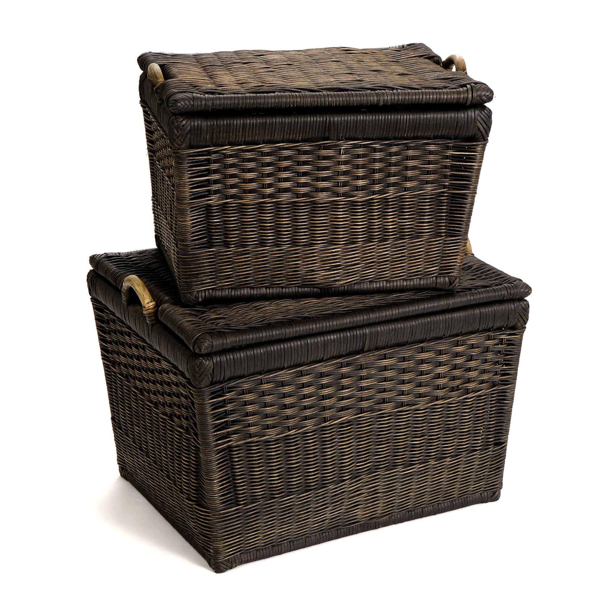 #color_antique walnut brown - Lift-off Lid Wicker Storage Basket in Antique Walnut Brown, nested set of two sizes stacked | The Basket Lady