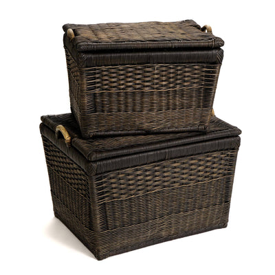 Lift-off Lid Wicker Storage Basket in Antique Walnut Brown, nested set of two sizes stacked | The Basket Lady